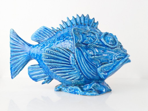 Italian Art Deco Guido Cacciapuoti Blue Glazed Scorfano Fish Sculpture 1930s