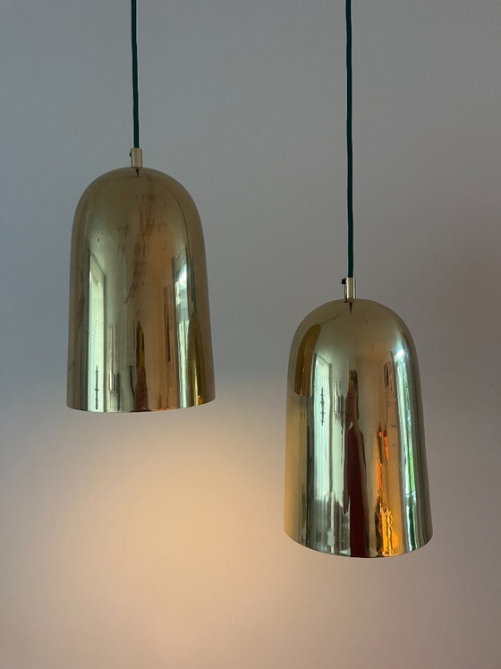Image 1 of Vintage Deense messing hanglampen - set van 2