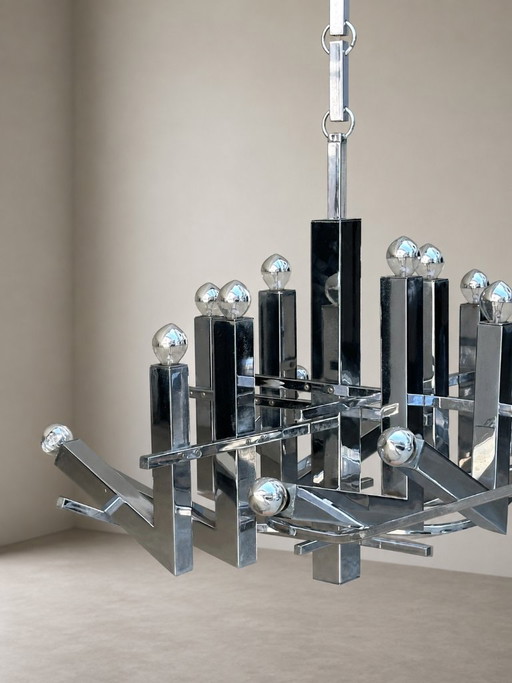 Impressive Sculptural 16-Light Chrome Chandelier — Gaetano Sciolari — Italy, 1970s – hanglampen, Metal (photo 2 of 6)
