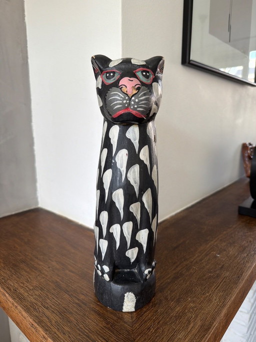 Vintage houten kat zwart wit 31cm hoog