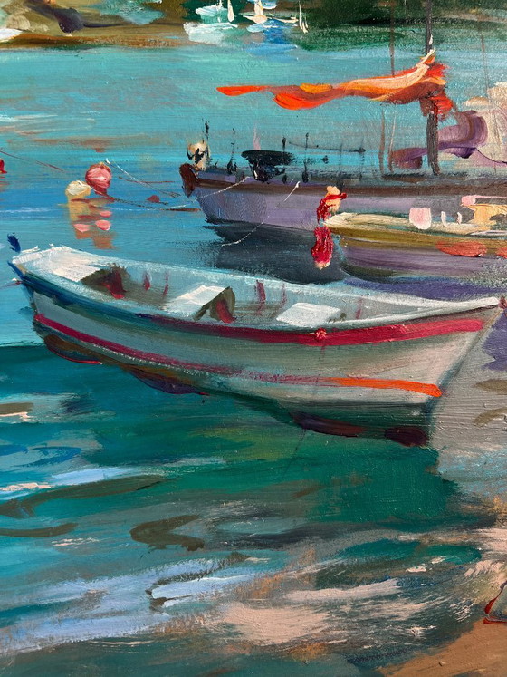 Image 1 of Original Oil Painting Summer Coastal Landscape Boats and lighthouse