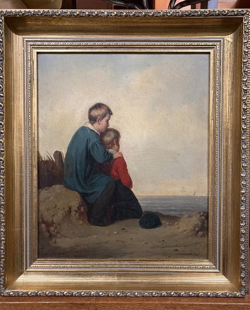 Peinture à l'huile ancienne sur panneau de bois représentant deux enfants