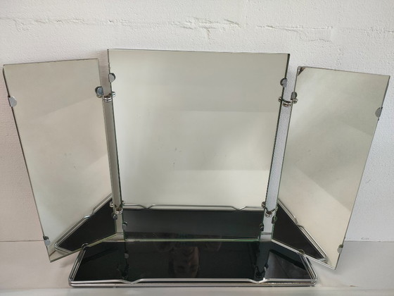 Image 1 of Miroir de table/salle de bain triptyque vintage de style Art Déco avec étagère