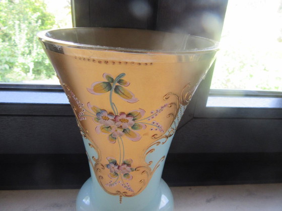Image 1 of Art Nouveau Vase Large Heavy Enameled Turquoise Gold  