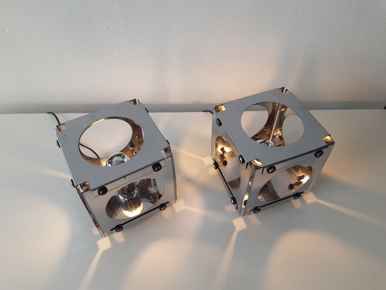 Image 1 of Set of 2 chrome 70s cube table lamps by Goffredo Reggiani, set of space age table lamps