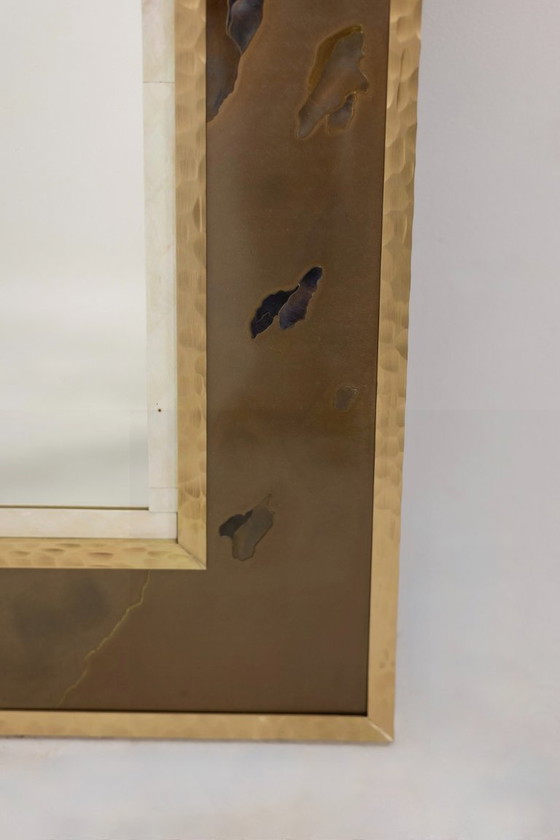 Image 1 of Mirror in marquetry of oxidized and patinated brass. Artist's work
