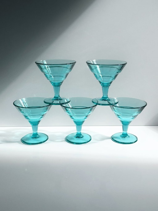 5 Vintage Dessertschalen van Turkoois Glas, Italië Jaren 80, Art Deco Revival – servies (photo 2 of 5)