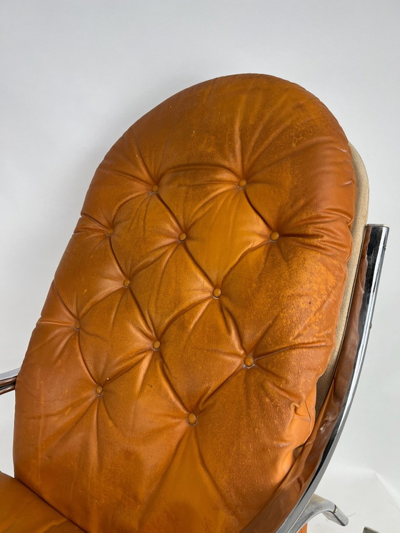 Mid Century Modern Milo Baughman Style Chrome Thonet Rocking Chair Rocker, Leather, Textile, Brown (photo 4 of 7)