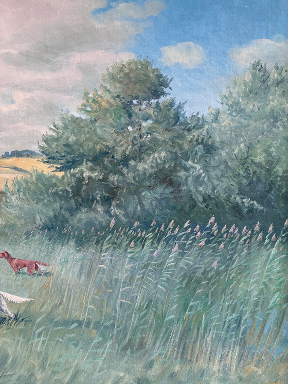 Image 1 of Grande peinture à l'huile originale vintage représentant un paysage avec un chien