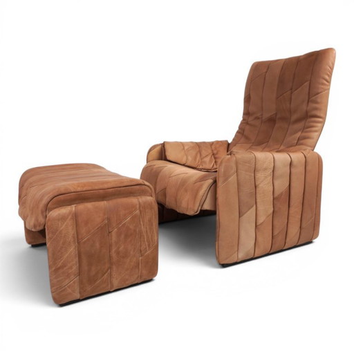 De Sede Ds 50 fauteuil met voetenbank, bekleed met buffelleer en patchwork, 1970