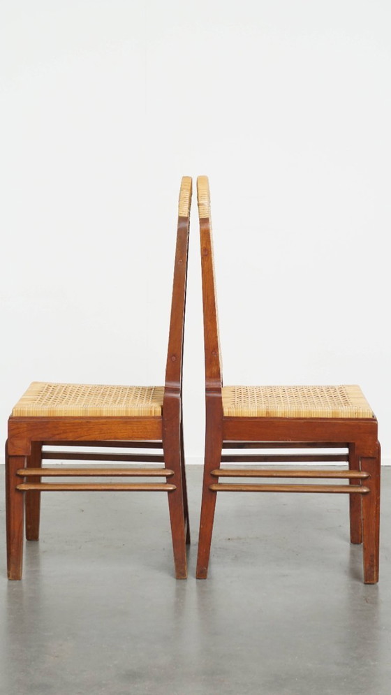 Image 1 of 2 Holzstühle im Art Deco Design mit Sitz und Rückenlehne aus Korbgeflecht