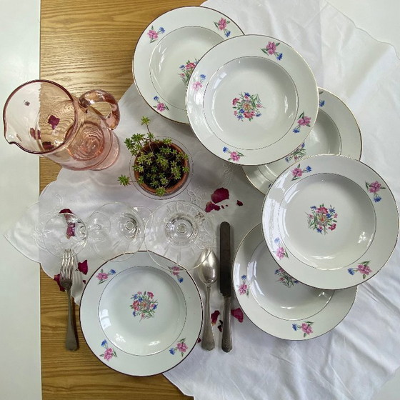Image 1 of Set of 6 antique Sarreguemines earthenware soup plates, Cibon Nice pattern, flowers and gilding