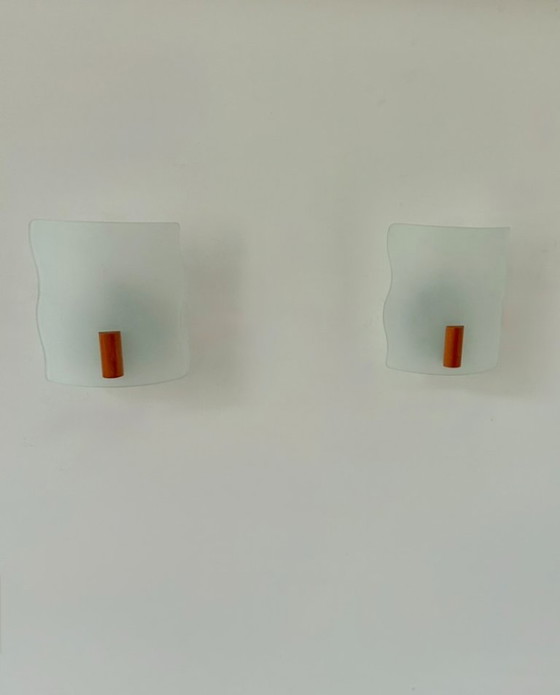 Pair of vintage wall lights in sandblasted glass and wood, France, 1970. (photo 4 of 6)
