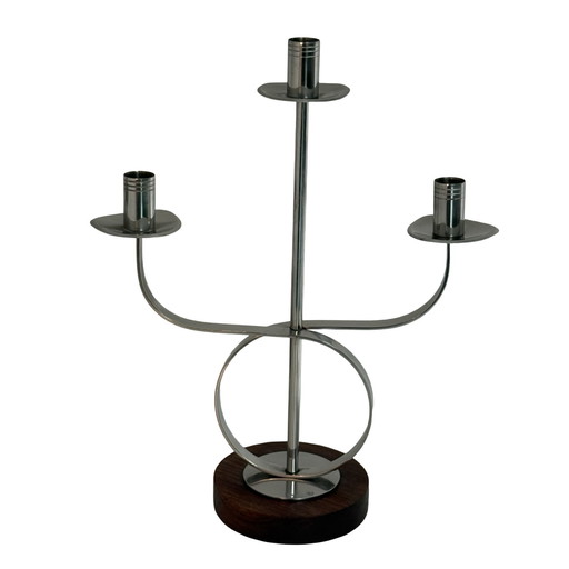 Set of two - Candelabra holding three candles each - Teak wood and chromed metal - ca. 1970’s, Scandinavian