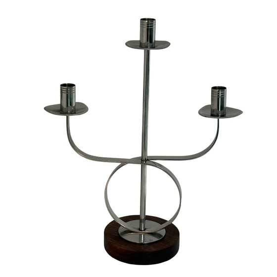 Image 1 of Set of two - Candelabra holding three candles each - Teak wood and chromed metal - ca. 1970’s, Scandinavian
