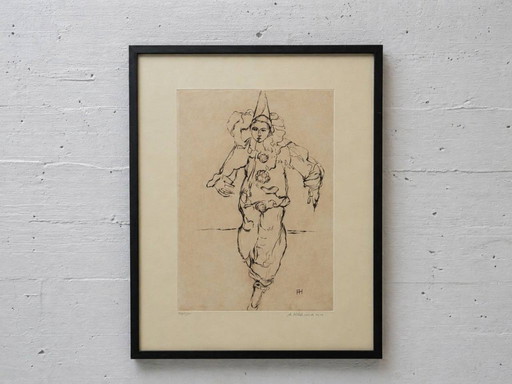 Lithografie Clown / Harlekijn van A. Hürlimann, beperkte oplage, jaren 70