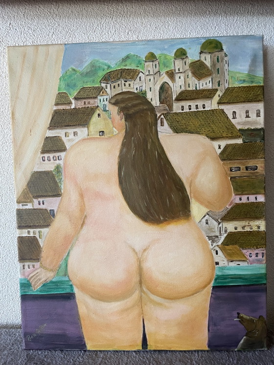 Image 1 of Magnifique toile représentant une femme nue avec un petit chien, selon Rubens, signée par un artiste célèbre.