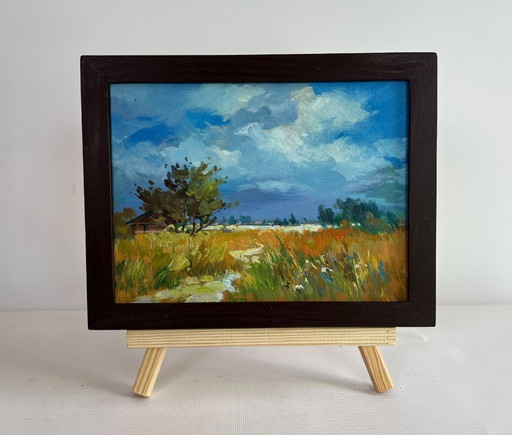 Original Oil Painting Summer Field Landscape The sun shines through the clouds