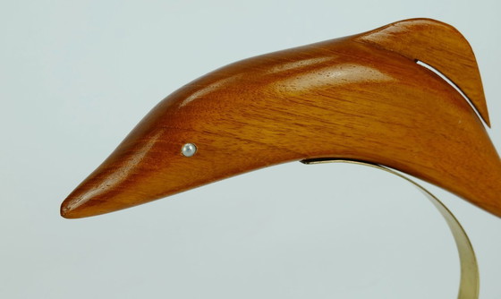 Image 1 of Beautiful Elegant Mid Century Wood Figurine Fish Dolphin Cherrywood Brass 1950s Deco