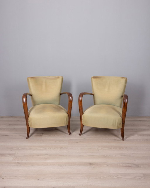 PAREJA DE SILLONES VINTAGE DE LOS AÑOS 40 EN MADERA Y TELA, DISEÑO ITALIANO