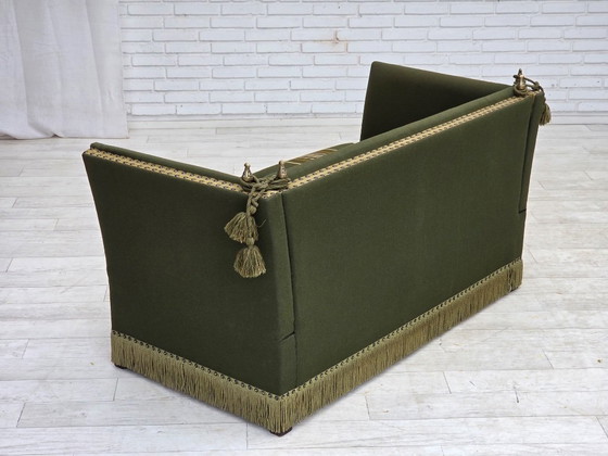 1970s, Danish 2-seater drop arm "Spanish" sofa, furniture wool. – 2 seaters, Wood (photo 6 of 20)