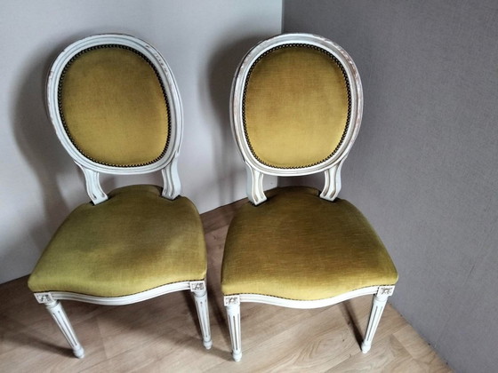 Juego de 6 sillas estilo Luis XVI, Sillas de comedor, Terciopelo, Madera, Verde (foto 2 de 8)