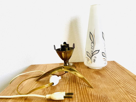 Image 1 of Space Age mid century modern brass tripod table lamp with opaline glass lampshade, 1950s