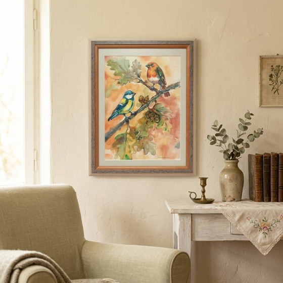 Image 1 of Acquerello originale raffigurante un pettirosso e una cinciallegra in cornice vintage.