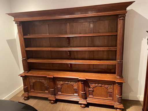19th Century Solid Oak Bookcase From Mansion, Sides Panelled with Rich Fine Wood Carvings on Doors