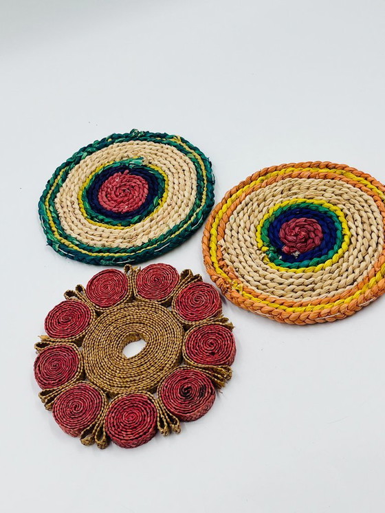 Image 1 of Set of 3 vintage braided rope trivets – bohemian style