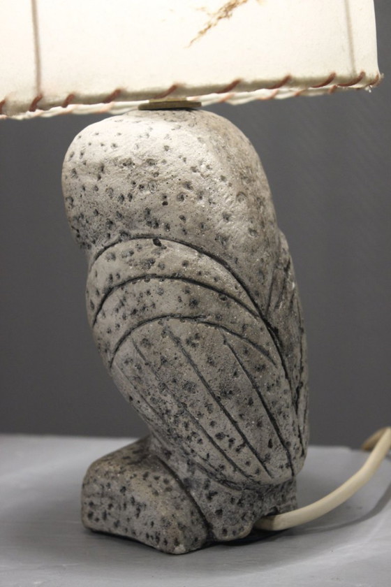 Image 1 of Lampe chouette hibou vintage 1970s plâtre peint abat jour herbier