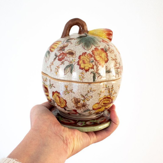 Image 1 of Bonbonnière cinese vintage in ceramica a forma di melone/zucca con motivi floreali