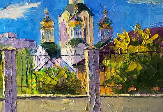 Image 1 of Origineel olieverfschilderij: Stadsgezicht, Tempel, Zonnige Dag van de Kerk
