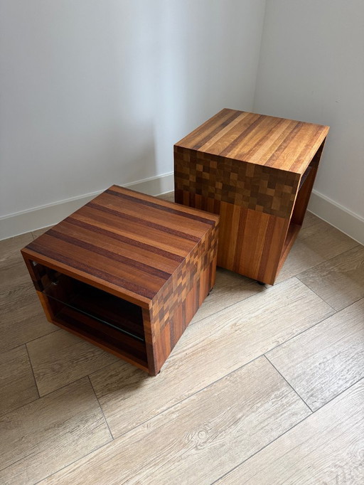 2x Leolux Vidar Masai wooden side tables with height differences