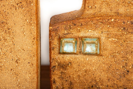Pair of Swedish Brutalist-style stoneware vases with enameled necks by Curt Magnus-Addin 1960.