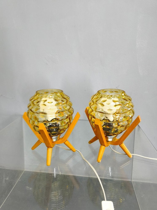 Pair Czech 1970s Wood and Yellow Glass Mid Century Table Lamps