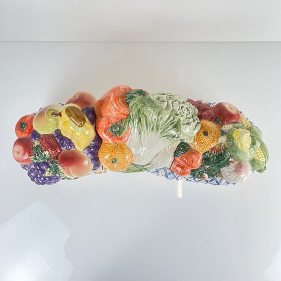 Image 1 of Panier en faïence trois pièces avec couvercles pour fruits et légumes, style majolique italienne, années 1980