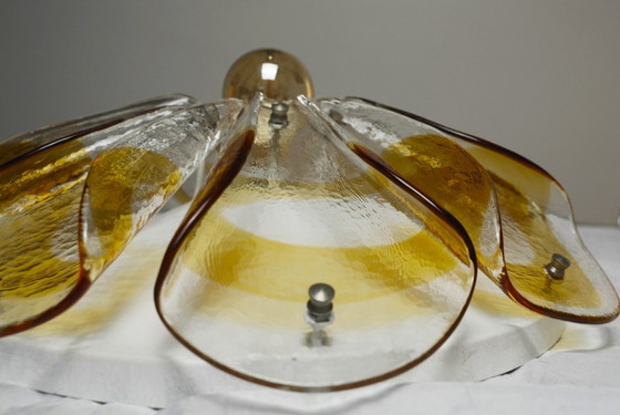 Image 1 of 1970s Amber Glass Petal Ceiling Light, Murano Style Flush Mount, Vintage Hand-Blown Mid Century MCM Lamp