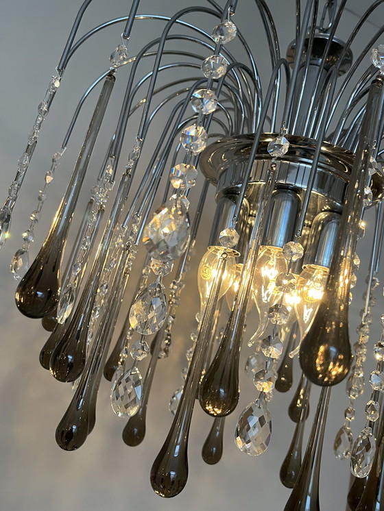 Image 1 of Lampadario a goccia XXL di design con gocce di cristallo e struttura cromata, italiano