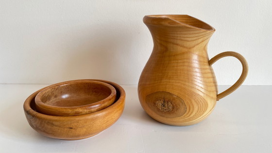 Image 1 of Set of 2 POTS and PICHET in VINTAGE Turned Wood
