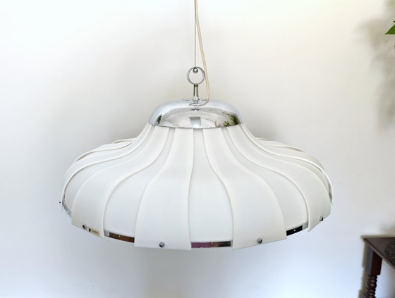 Image 1 of Vintage XL Meblo Pendant Light / Rare Meblo Guzzini Ceiling Light / White Acrylic Light/ Mcm Lightning / Big Hanging Light 