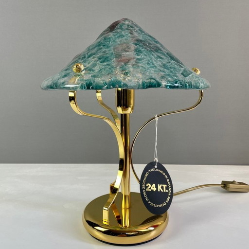 Vintage Murano glass 1980s table lamp with 24K gilded base, artistic lampshade with coloured foils. New Old Stock. Never used.