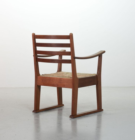 Image 1 of Very Rare Single Bas van Pelt Brutalist Oak Armchair with Woven Rush Seat for My Home. The Netherlands, 1940s.