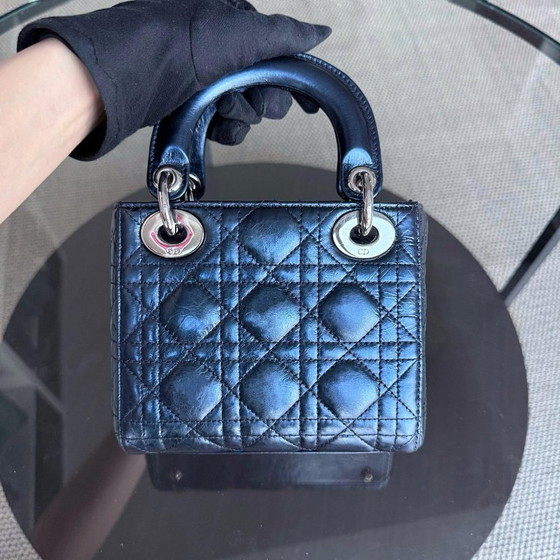 Image 1 of DIOR LADY MINI - PELLE DI VITELLO LUCIDA CANNAGE, BLU METALLIZZATO, FERRAMENTA ARGENTO