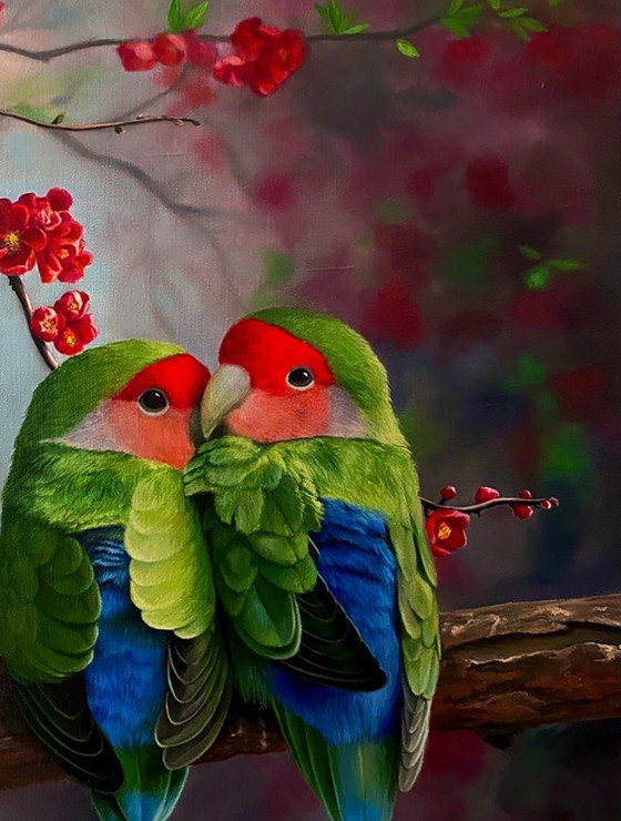 Original Oil Painting Symbolism Portrait of a Parrot Lovebirds on a Branch – Paintings & Drawings, Canvas (photo 3 of 6)