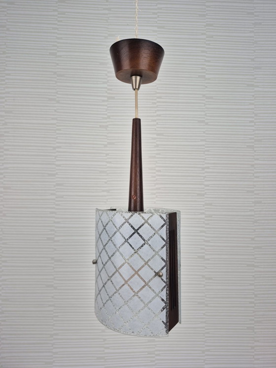 Mid-Century Pendant lamp in teak and embossed glass. Vintage lamp., Wood, Brown (photo 2 of 14)