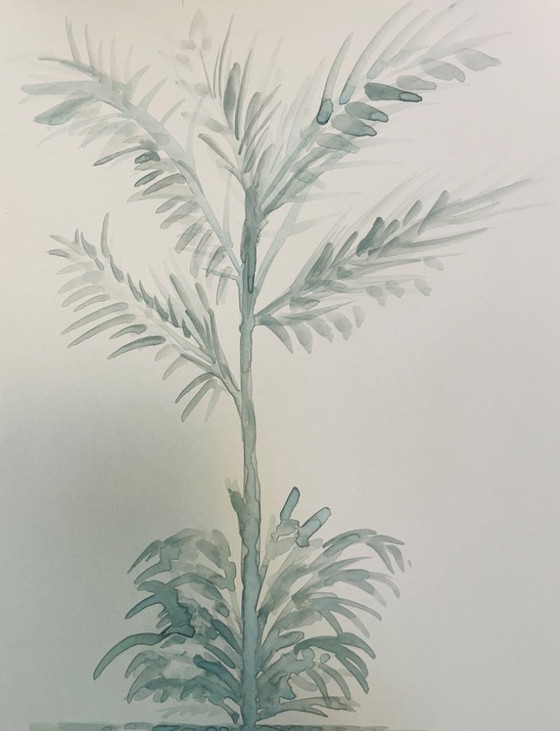 Image 1 of Signed monochrome sage green watercolor landscape "reflections"