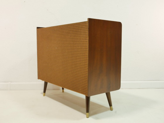Image 1 of Vintage 1960s shoe cabinet, mid-century shoe chest, mahogany & birch, sliding doors, Germany