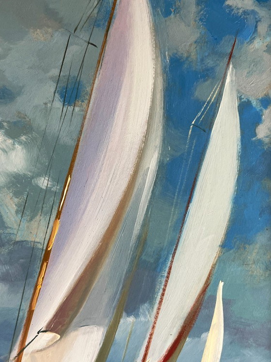 Image 1 of Dipinto ad olio originale raffigurante un paesaggio marino con onde, yacht e barche a vela in mare.