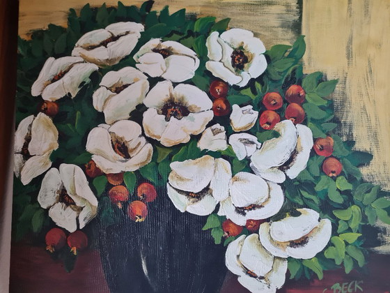 Image 1 of Still life bouquet of flowers, painting by Christin Beck on a heavy wooden panel